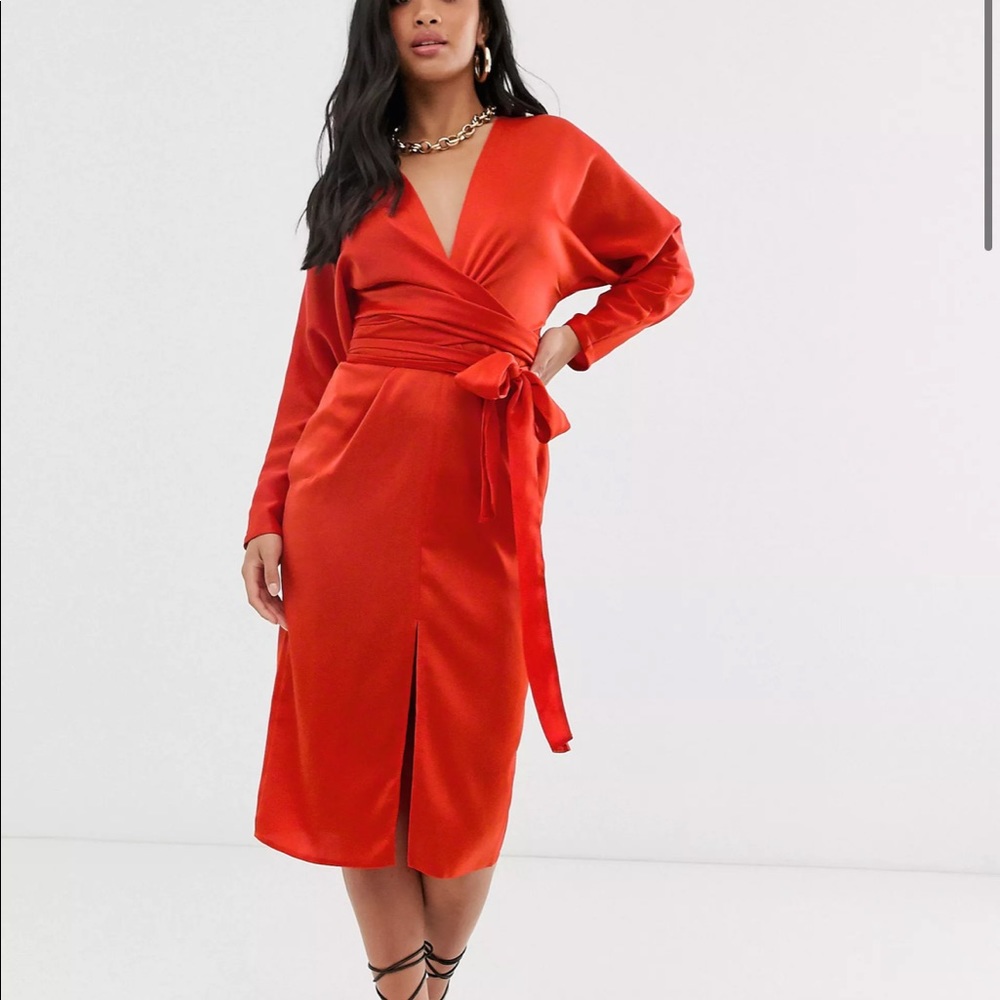 Satin Wrap Midi Dress